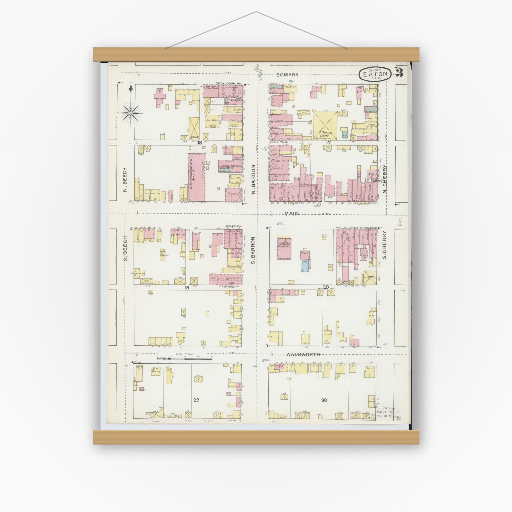 Old map wall art mockup — magnetic wood frame on white wall — Sanborn Fire Insurance Map from Eaton, Preble County, Ohio (1892), Sheet #0003