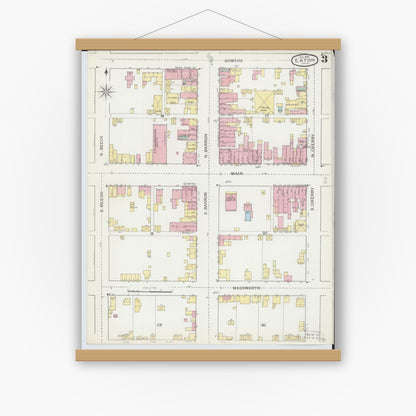 Old map wall art mockup — magnetic wood frame on white wall — Sanborn Fire Insurance Map from Eaton, Preble County, Ohio (1892), Sheet #0003