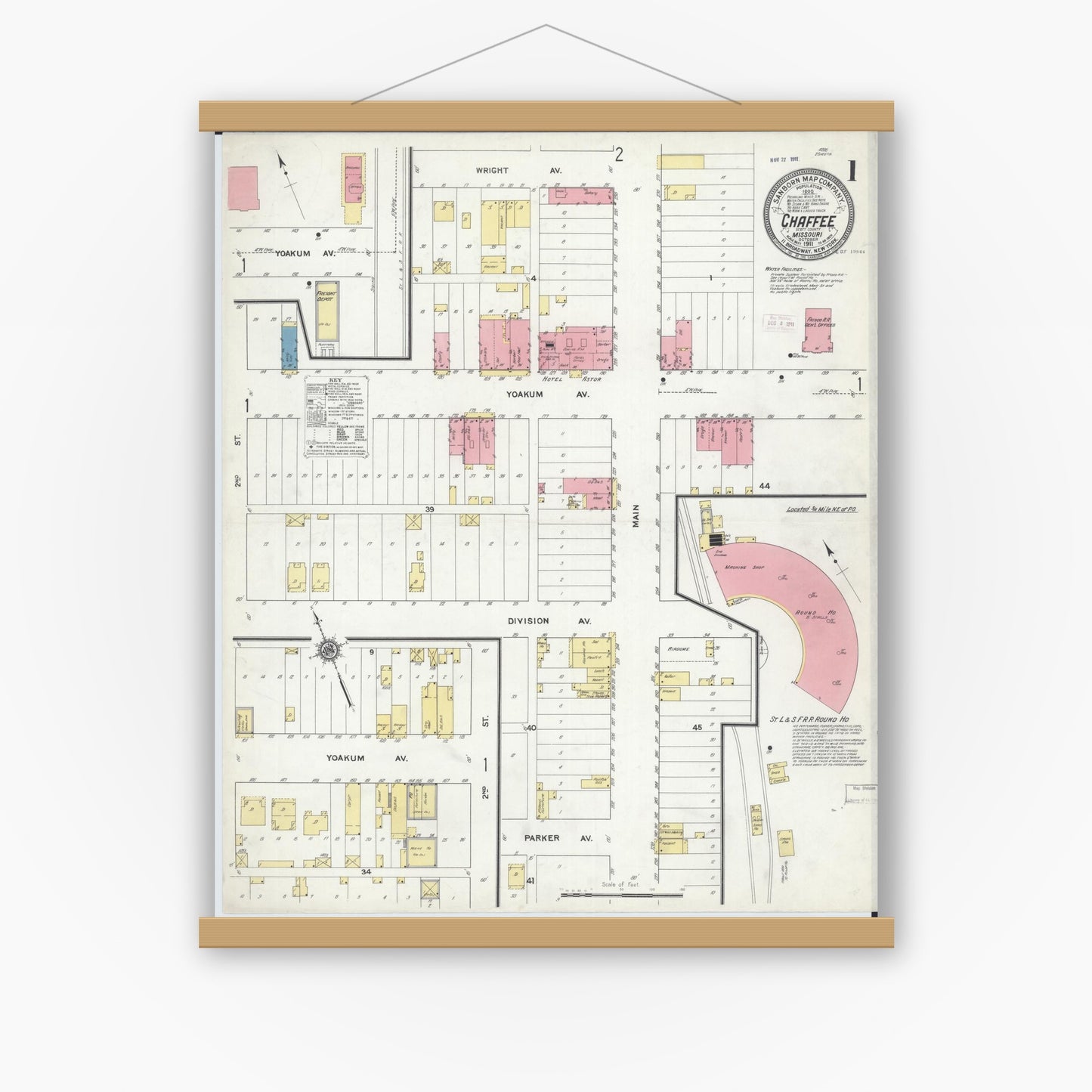 Old map wall art mockup — magnetic wood frame on white wall — Sanborn Fire Insurance Map from Chaffee, Scott County, Missouri (1911) - Complete Map Set