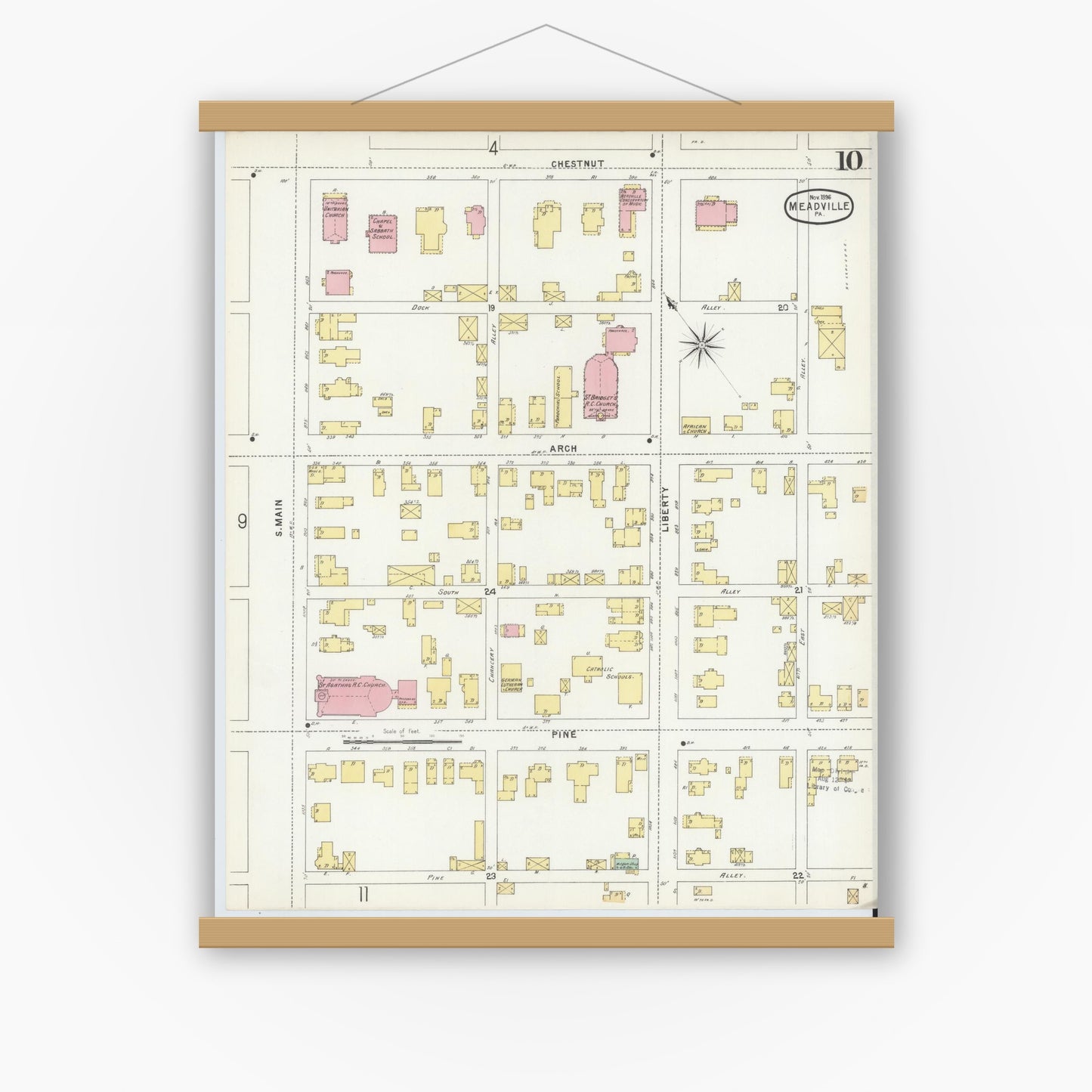 Old map wall art mockup — magnetic wood frame on white wall — Sanborn Fire Insurance Map from Meadville, Crawford County, Pennsylvania (1896), Sheet #0010