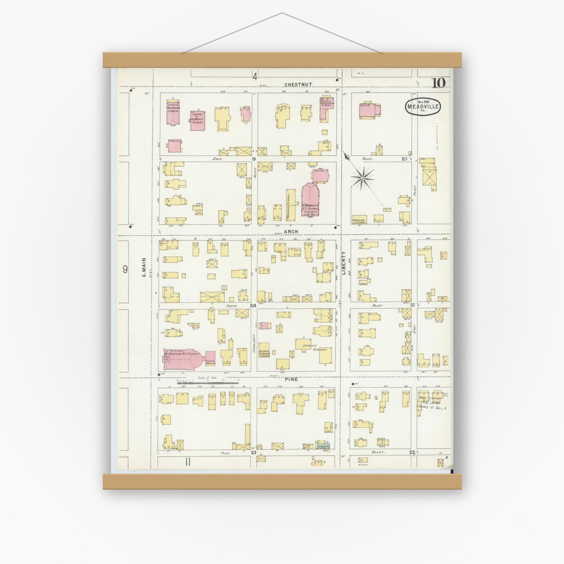 Old map wall art mockup — magnetic wood frame on white wall — Sanborn Fire Insurance Map from Meadville, Crawford County, Pennsylvania (1896), Sheet #0010