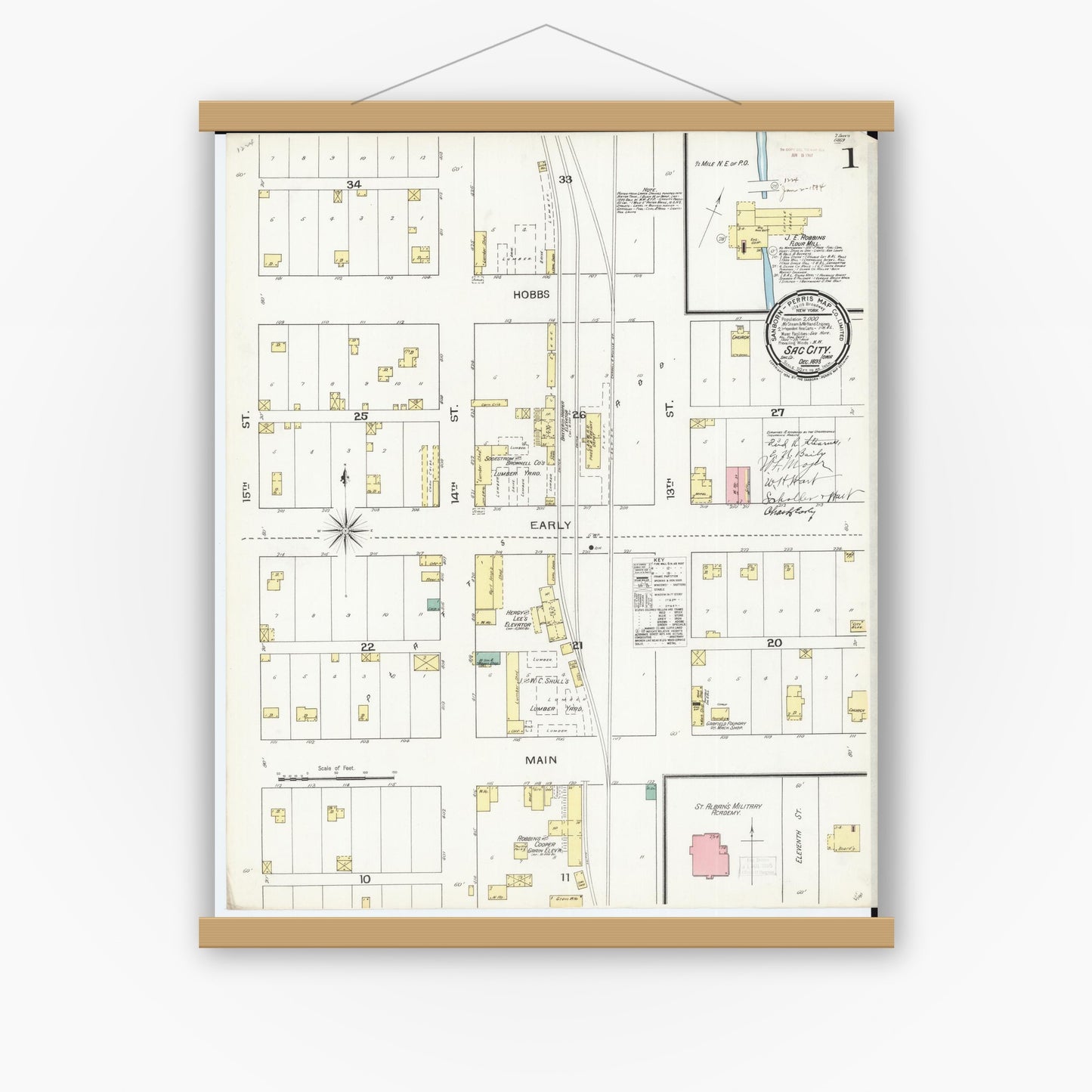 Old map wall art mockup — magnetic wood frame on white wall — Sanborn Fire Insurance Map from Sac City, Sac County, Iowa (1893), Sheet #0001