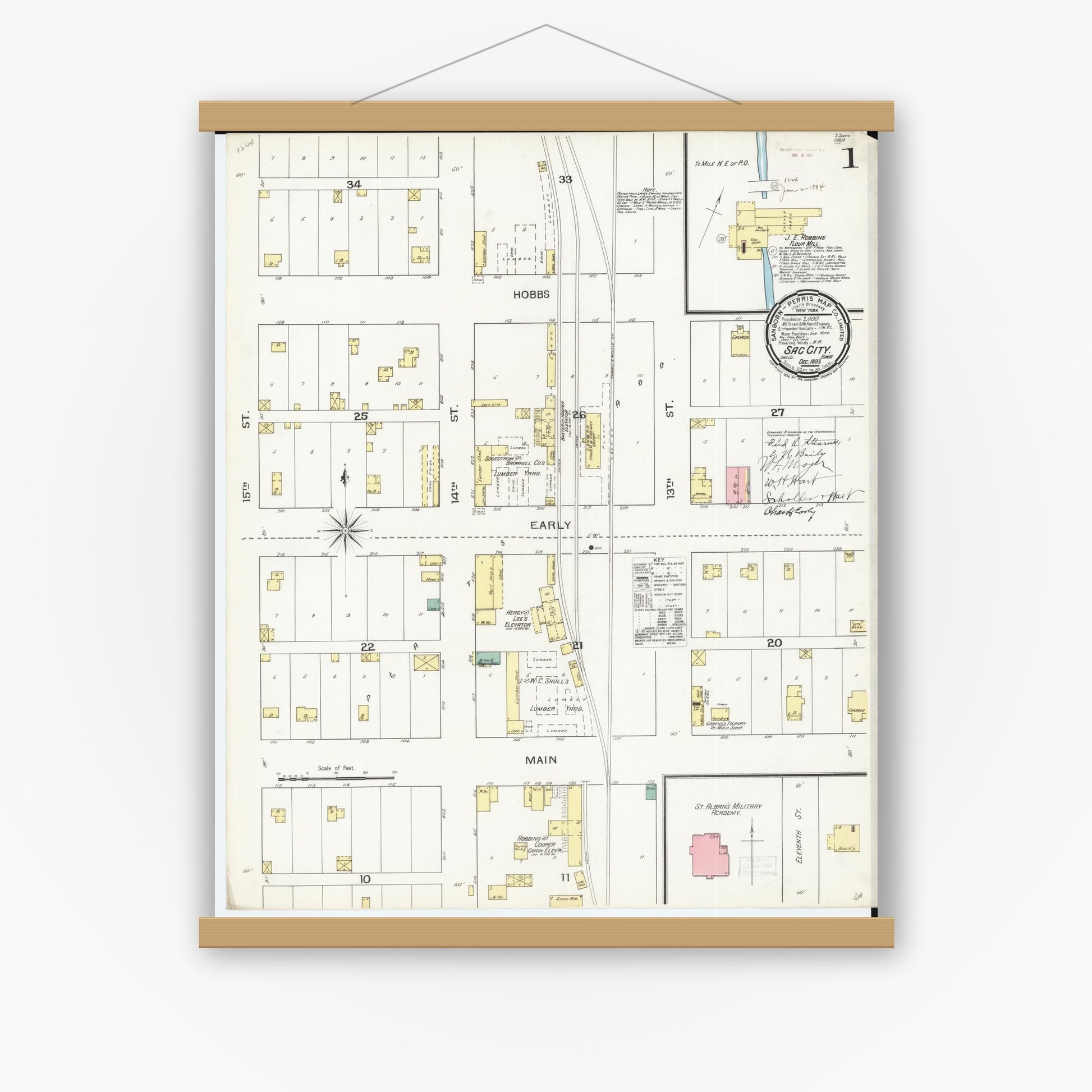 Old map wall art mockup — magnetic wood frame on white wall — Sanborn Fire Insurance Map from Sac City, Sac County, Iowa (1893), Sheet #0001