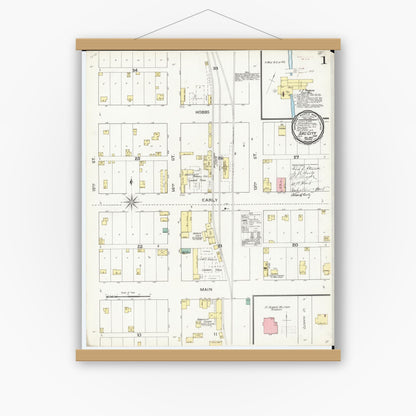 Old map wall art mockup — magnetic wood frame on white wall — Sanborn Fire Insurance Map from Sac City, Sac County, Iowa (1893), Sheet #0001