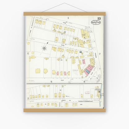 Old map wall art mockup — magnetic wood frame on white wall — Sanborn Fire Insurance Map from Morristown, Morris County, New Jersey (1909), Sheet #0013