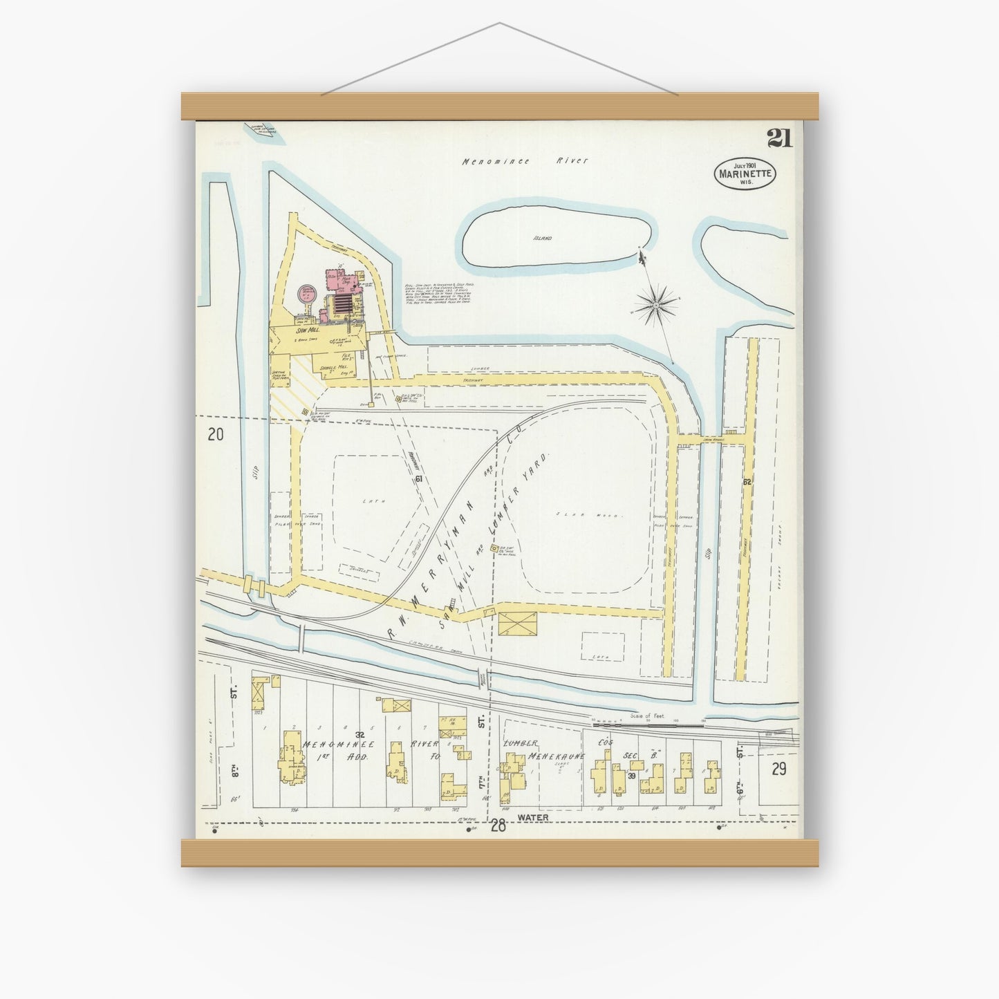 Old map wall art mockup — magnetic wood frame on white wall — Sanborn Fire Insurance Map from Marinette, Marinette County, Wisconsin (1901), Sheet #0021