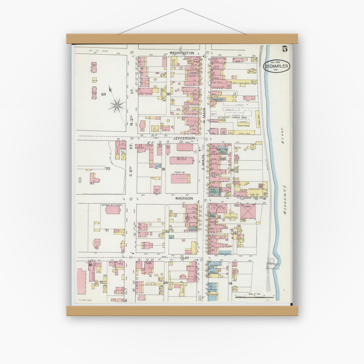 Old map wall art mockup — magnetic wood frame on white wall — Sanborn Fire Insurance Map from Saint Charles, Saint Charles County, Missouri (1893), Sheet #0005