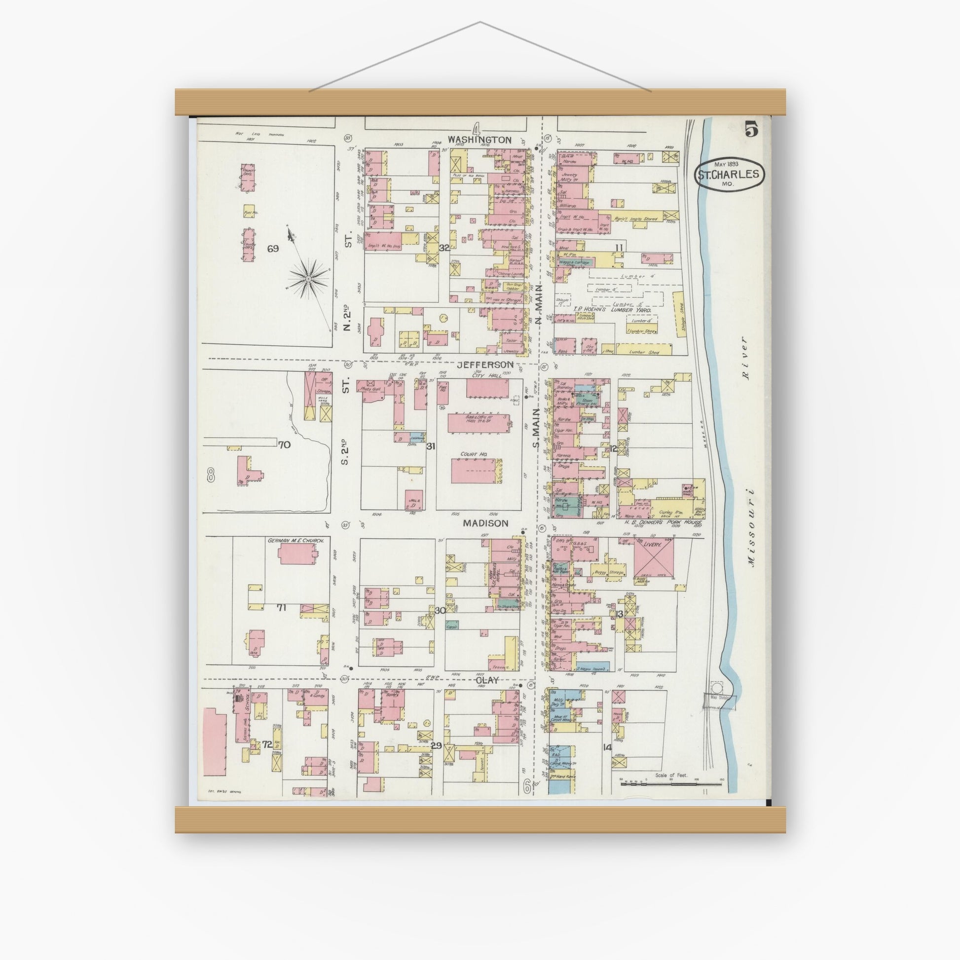 Old map wall art mockup — magnetic wood frame on white wall — Sanborn Fire Insurance Map from Saint Charles, Saint Charles County, Missouri (1893), Sheet #0005