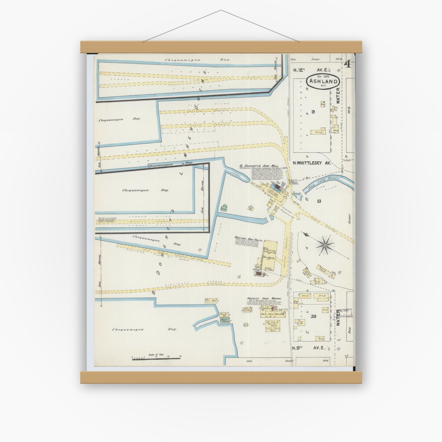 Old map wall art mockup — magnetic wood frame on white wall — Sanborn Fire Insurance Map from Ashland, Ashland County, Wisconsin (1890), Sheet #0004