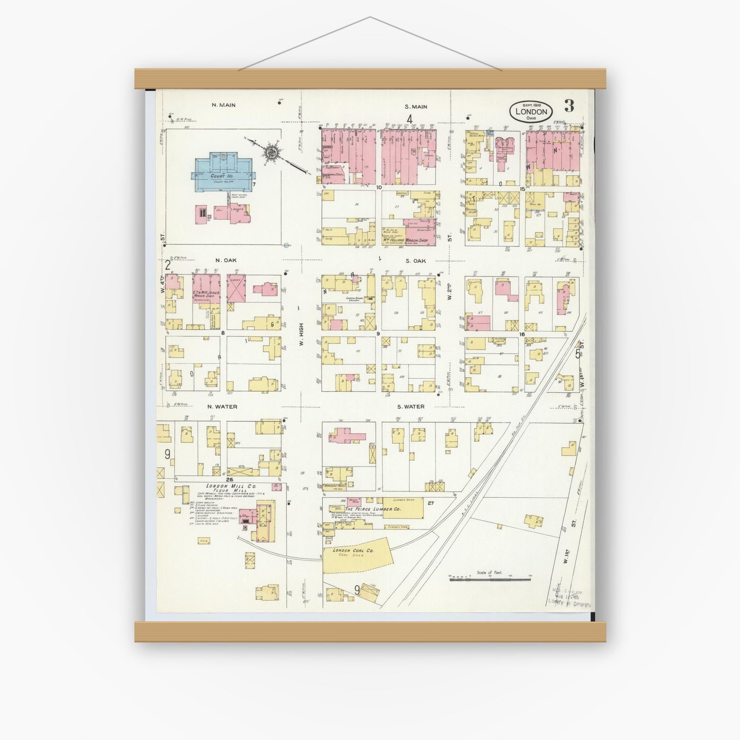 Old map wall art mockup — magnetic wood frame on white wall — Sanborn Fire Insurance Map from London, Madison County, Ohio (1910), Sheet #0003