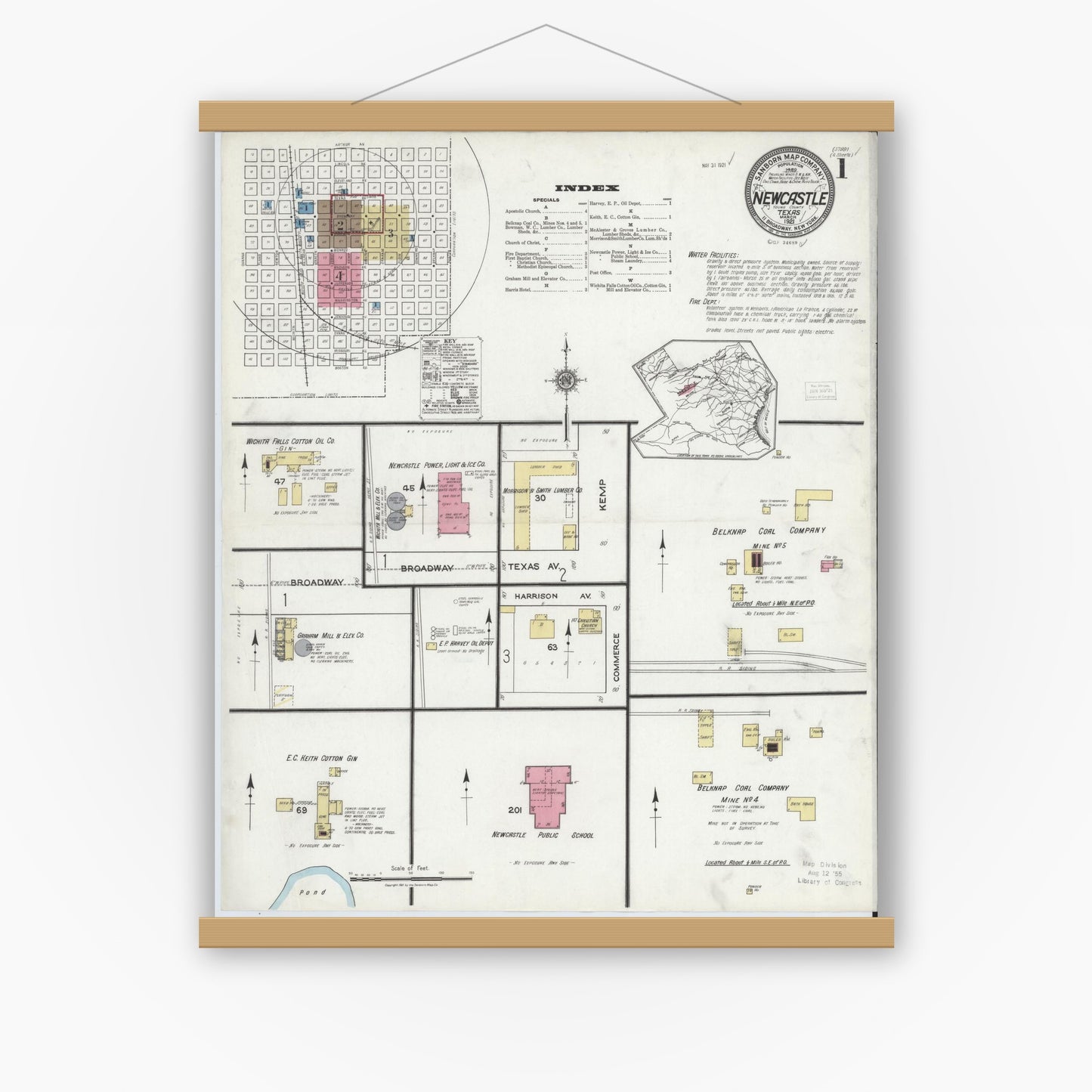 Old map wall art mockup — magnetic wood frame on white wall — Sanborn Fire Insurance Map from Newcastle, Young County, Texas (1921) - Complete Map Set