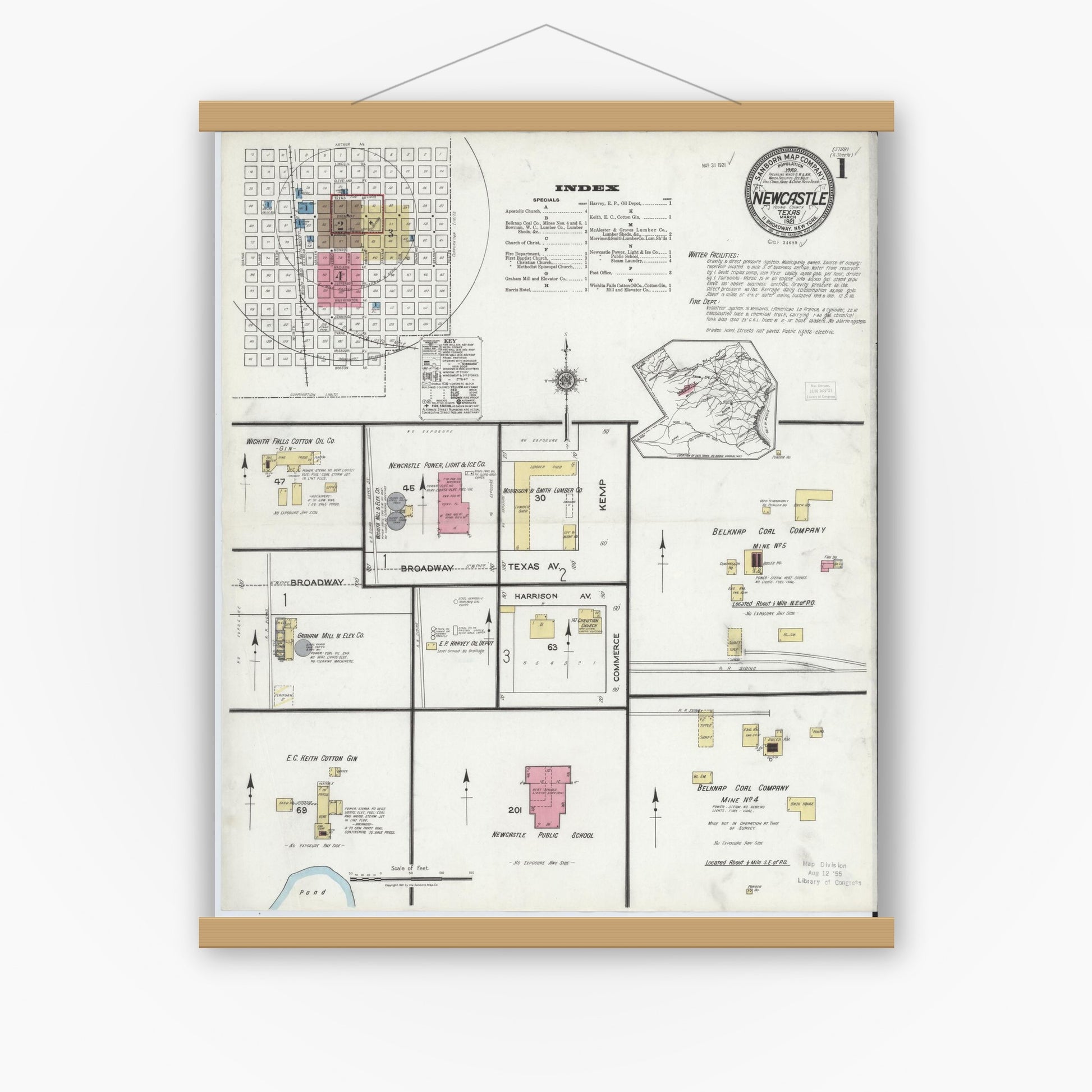 Old map wall art mockup — magnetic wood frame on white wall — Sanborn Fire Insurance Map from Newcastle, Young County, Texas (1921) - Complete Map Set