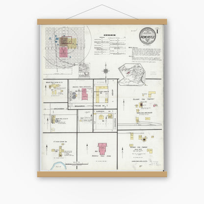 Old map wall art mockup — magnetic wood frame on white wall — Sanborn Fire Insurance Map from Newcastle, Young County, Texas (1921) - Complete Map Set