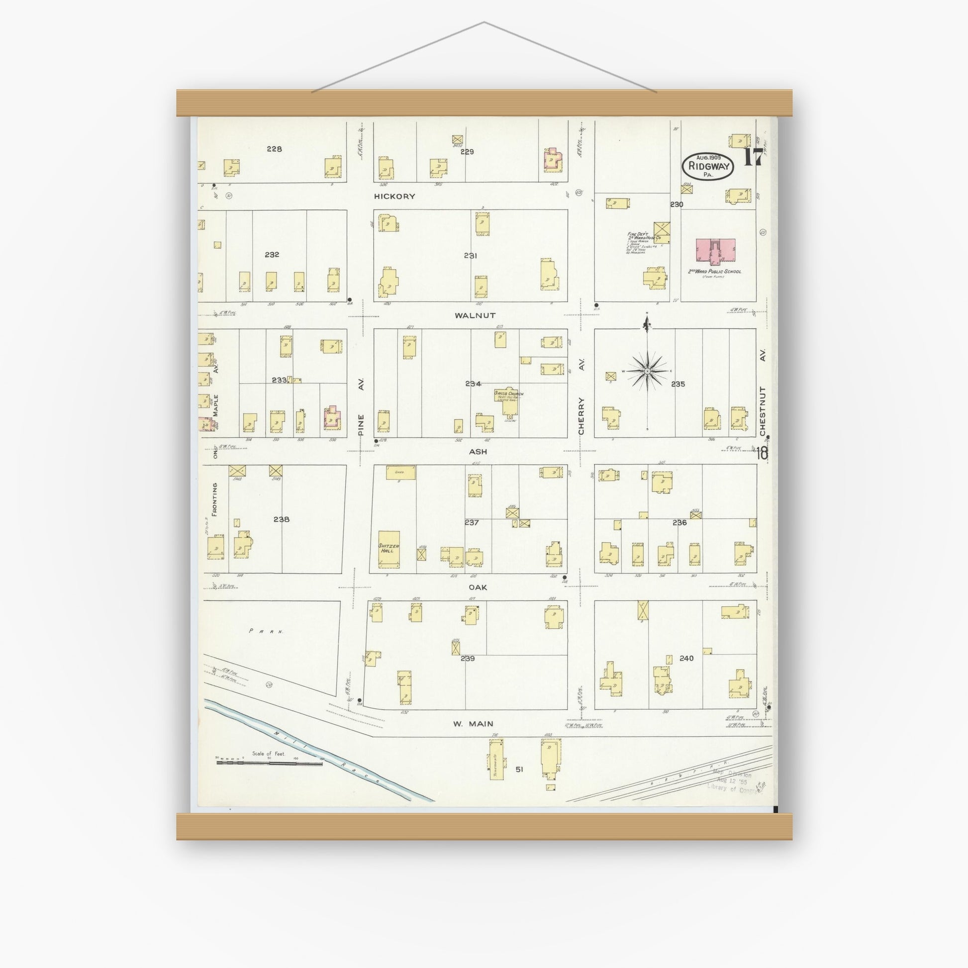 Old map wall art mockup — magnetic wood frame on white wall — Sanborn Fire Insurance Map from Ridgway, Elk County, Pennsylvania (1909), Sheet #0017
