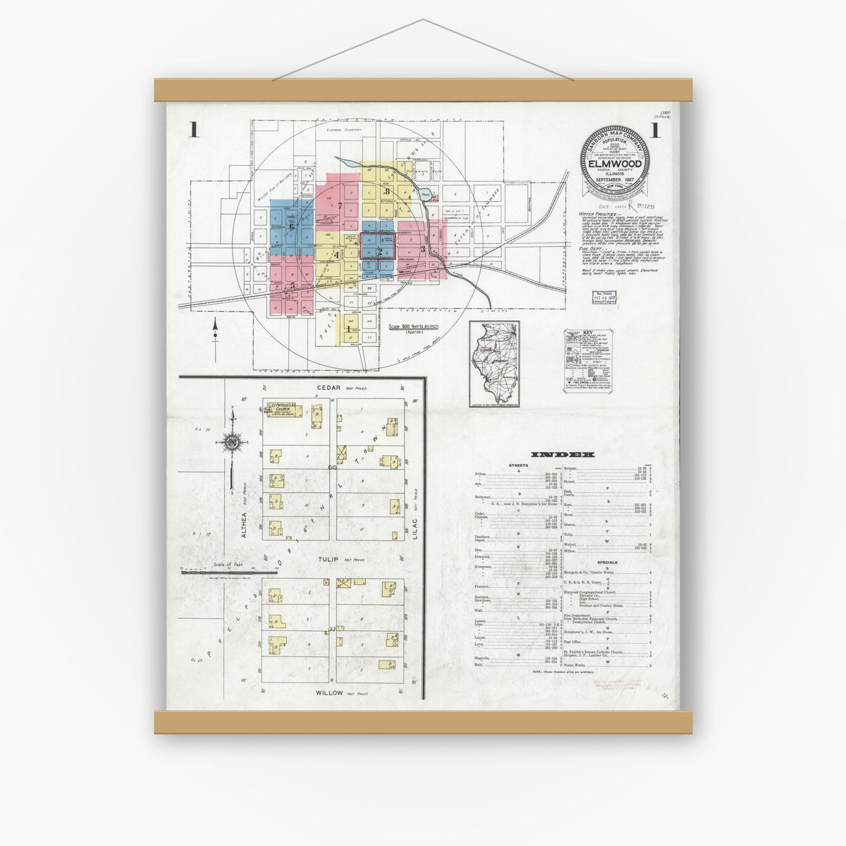 Old map wall art mockup — magnetic wood frame on white wall — Sanborn Fire Insurance Map from Elmwood, Peoria County, Illinois (1927) - Complete Map Set