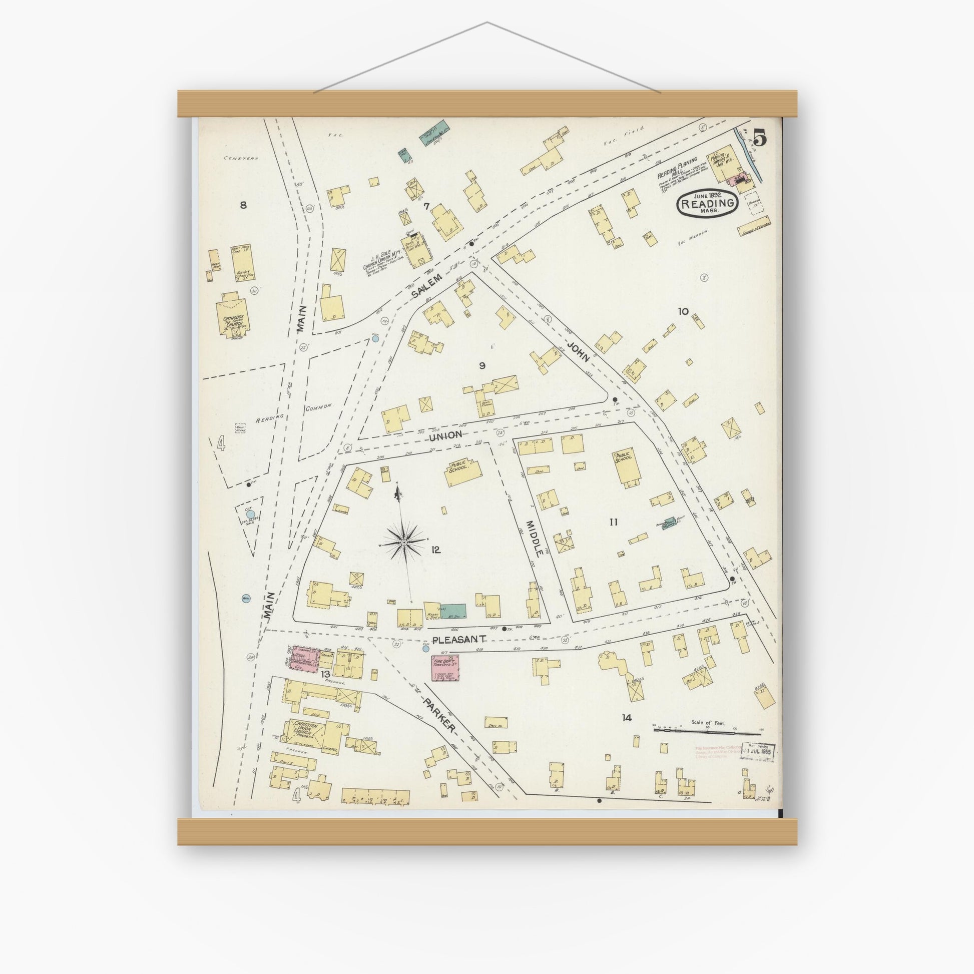 Old map wall art mockup — magnetic wood frame on white wall — Sanborn Fire Insurance Map from Reading, Middlesex County, Massachusetts (1892), Sheet #0005