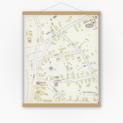 Old map wall art mockup — magnetic wood frame on white wall — Sanborn Fire Insurance Map from Reading, Middlesex County, Massachusetts (1892), Sheet #0005