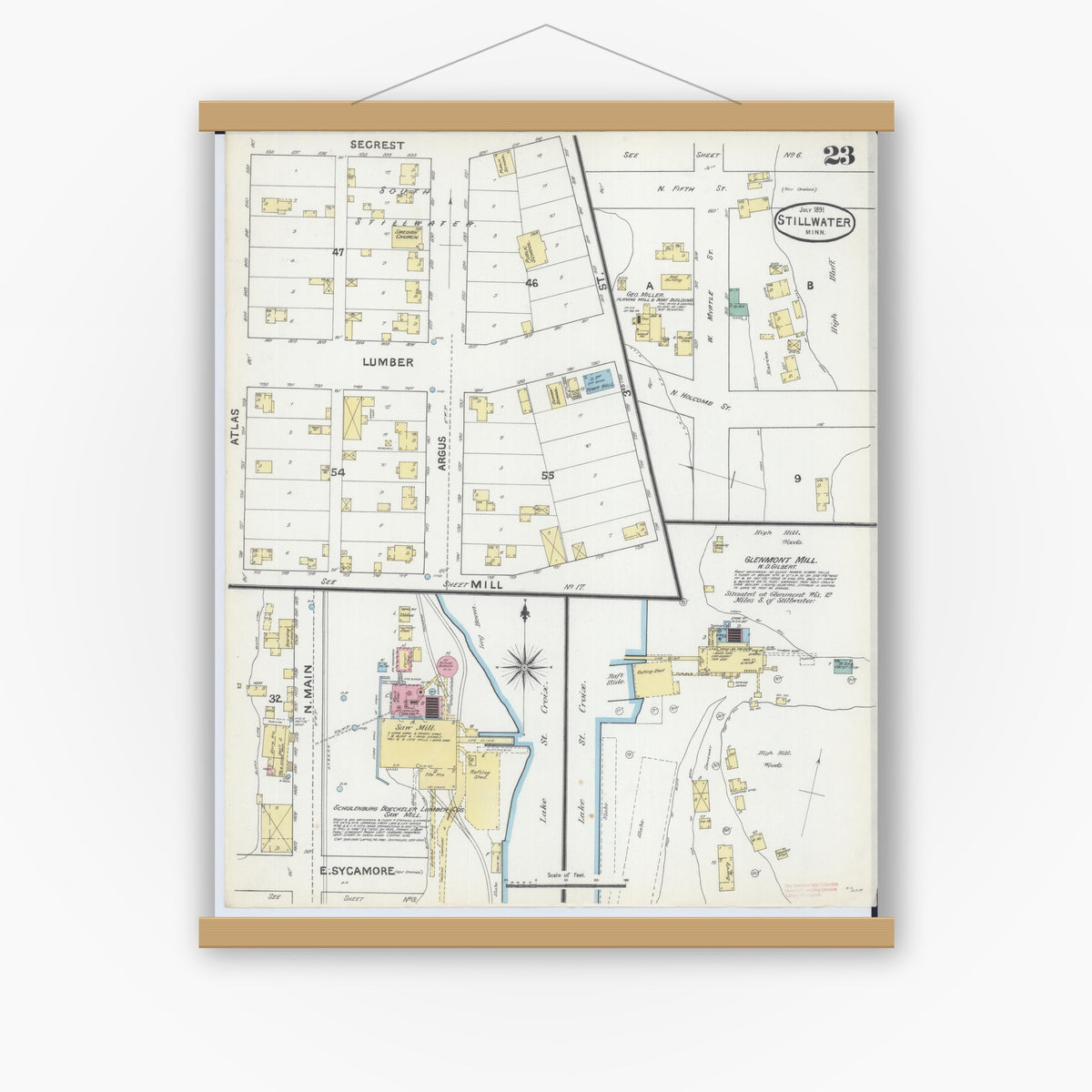 Old map wall art mockup — magnetic wood frame on white wall — Sanborn Fire Insurance Map from Stillwater, Washington County, Minnesota (1891), Sheet #0023