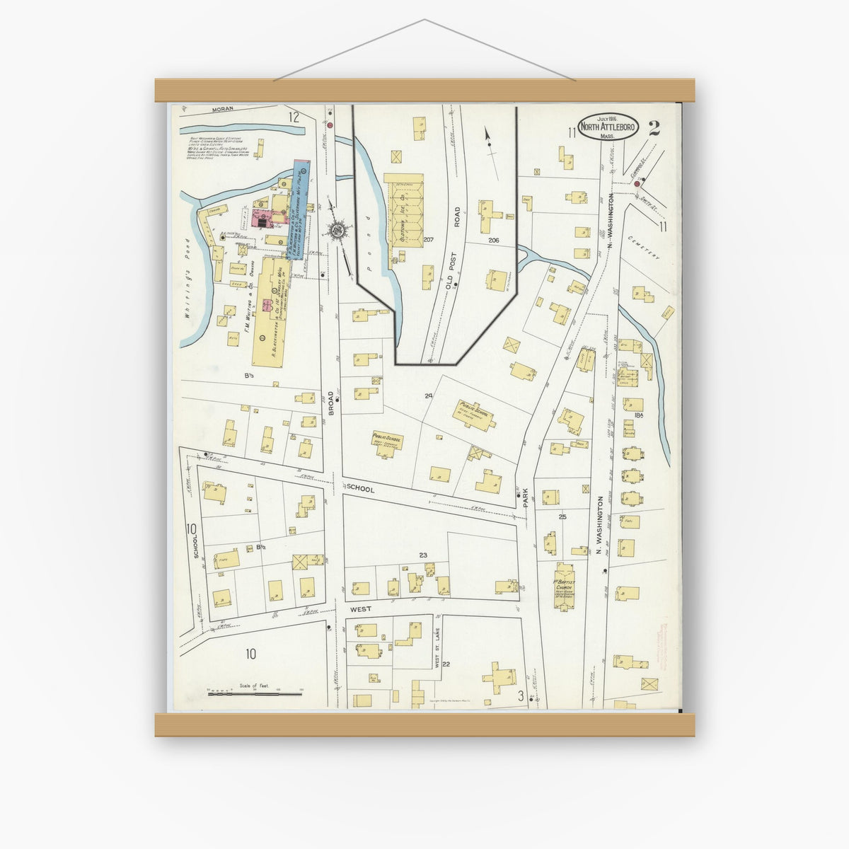 Old map wall art mockup — magnetic wood frame on white wall — Sanborn Fire Insurance Map from North Attleborough, Bristol County, Massachusetts (1916), Sheet #0002