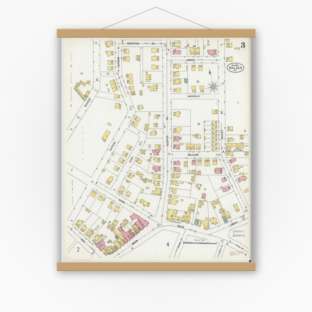 Old map wall art mockup — magnetic wood frame on white wall — Sanborn Fire Insurance Map from Walden, Orange County, New York (1900), Sheet #0003