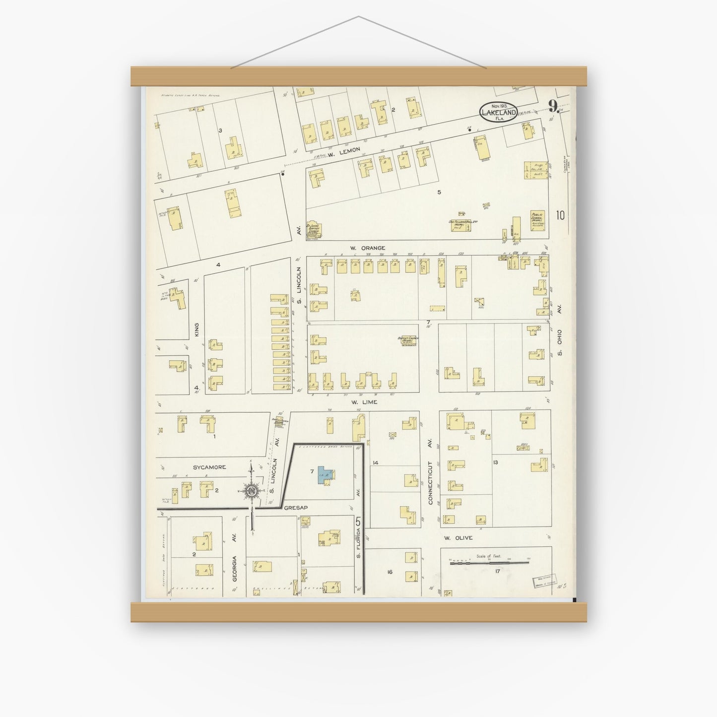 Old map wall art mockup — magnetic wood frame on white wall — Sanborn Fire Insurance Map from Lakeland, Polk County, Florida (1913), Sheet #0009