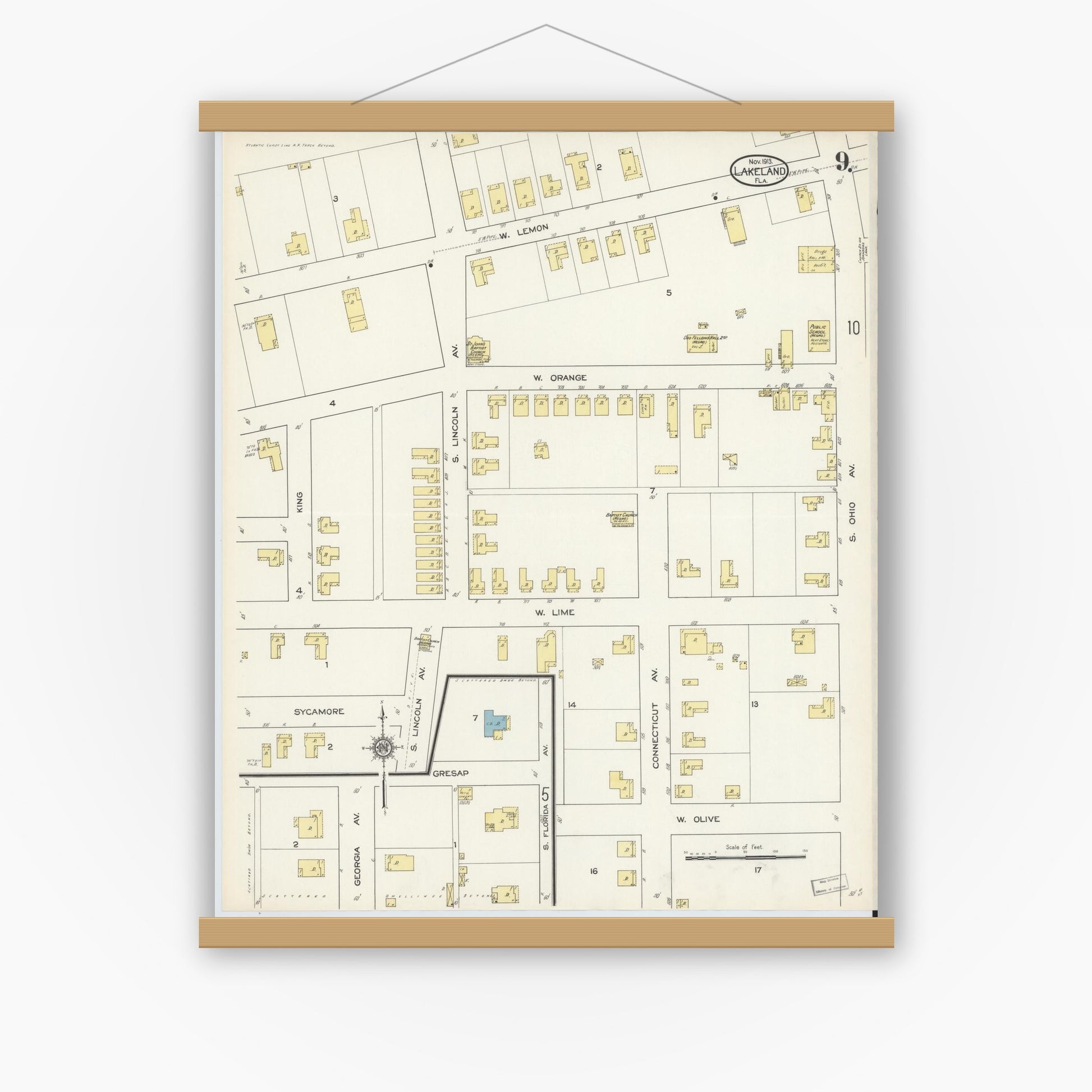 Old map wall art mockup — magnetic wood frame on white wall — Sanborn Fire Insurance Map from Lakeland, Polk County, Florida (1913), Sheet #0009
