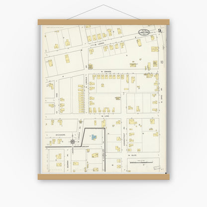 Old map wall art mockup — magnetic wood frame on white wall — Sanborn Fire Insurance Map from Lakeland, Polk County, Florida (1913), Sheet #0009