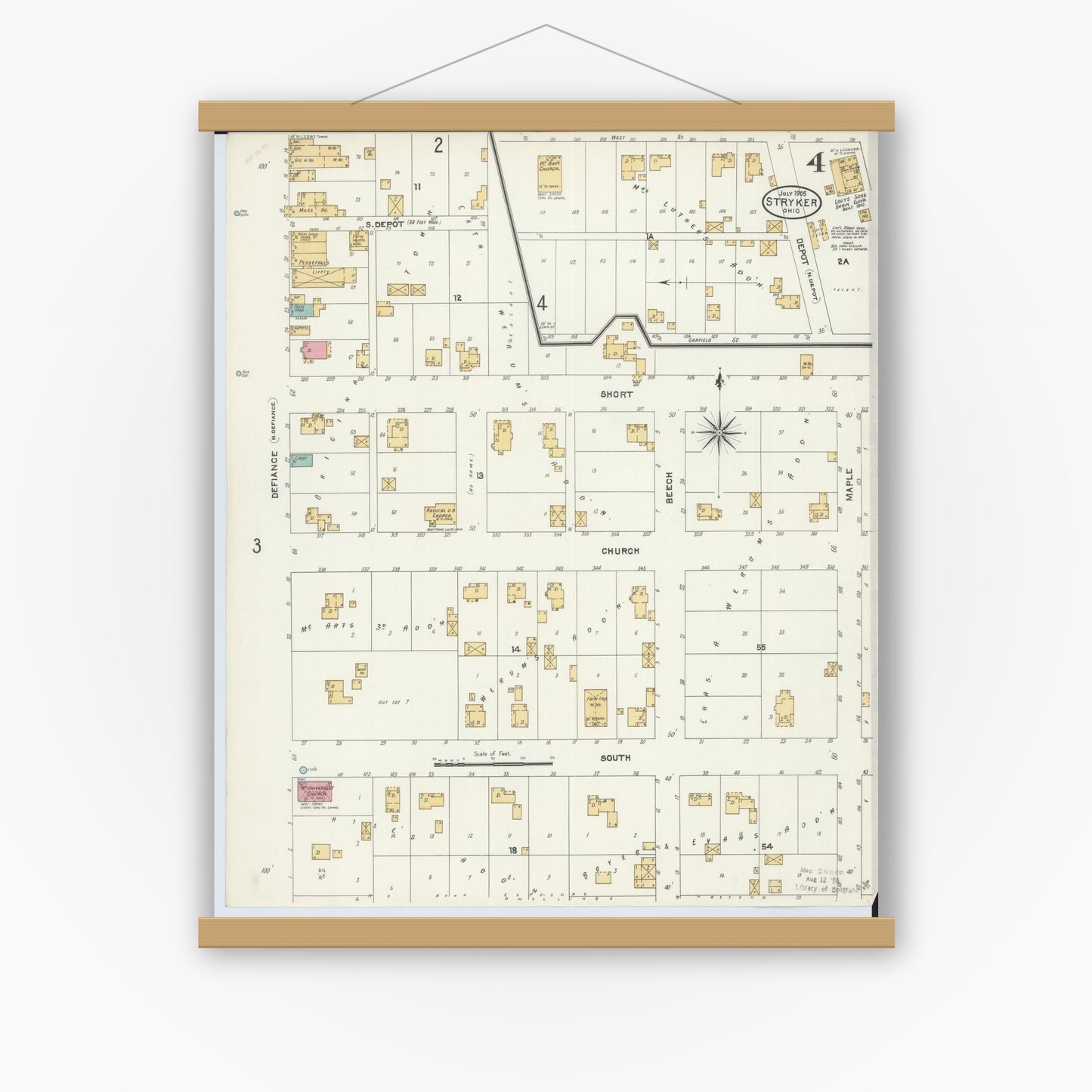 Old map wall art mockup — magnetic wood frame on white wall — Sanborn Fire Insurance Map from Stryker, Williams County, Ohio (1905), Sheet #0004