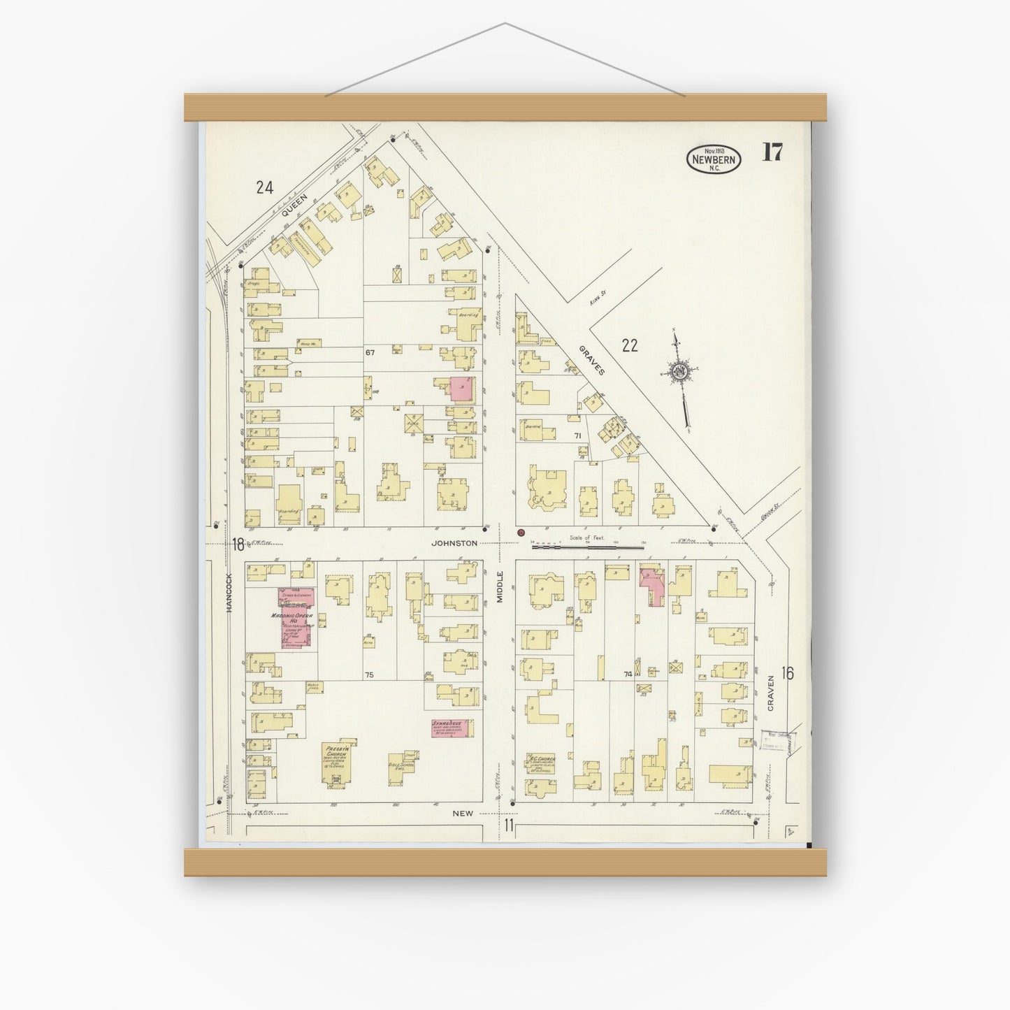 Old map wall art mockup — magnetic wood frame on white wall — Sanborn Fire Insurance Map from New Bern, Craven County, North Carolina (1913), Sheet #0017