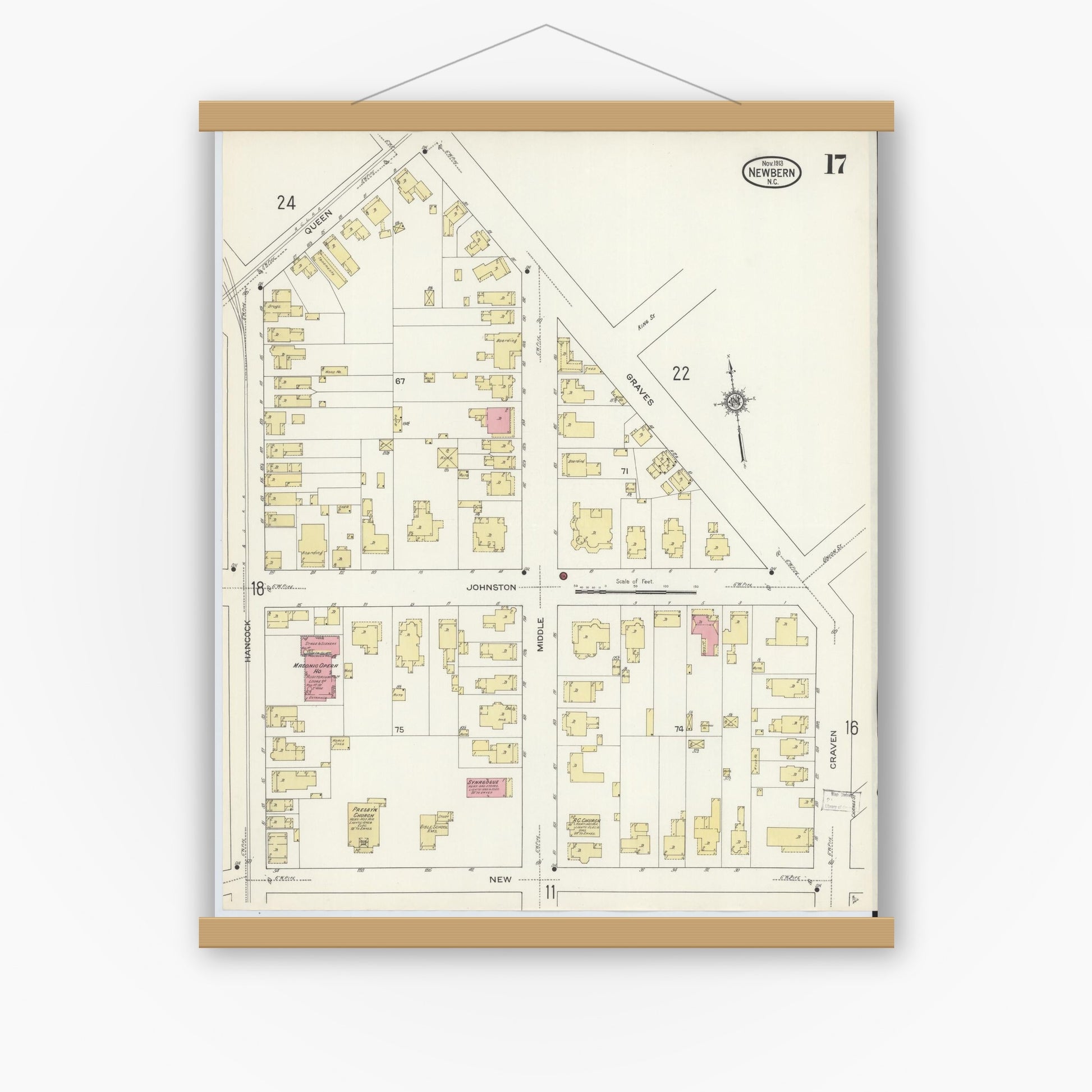 Old map wall art mockup — magnetic wood frame on white wall — Sanborn Fire Insurance Map from New Bern, Craven County, North Carolina (1913), Sheet #0017