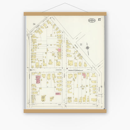 Old map wall art mockup — magnetic wood frame on white wall — Sanborn Fire Insurance Map from New Bern, Craven County, North Carolina (1913), Sheet #0017
