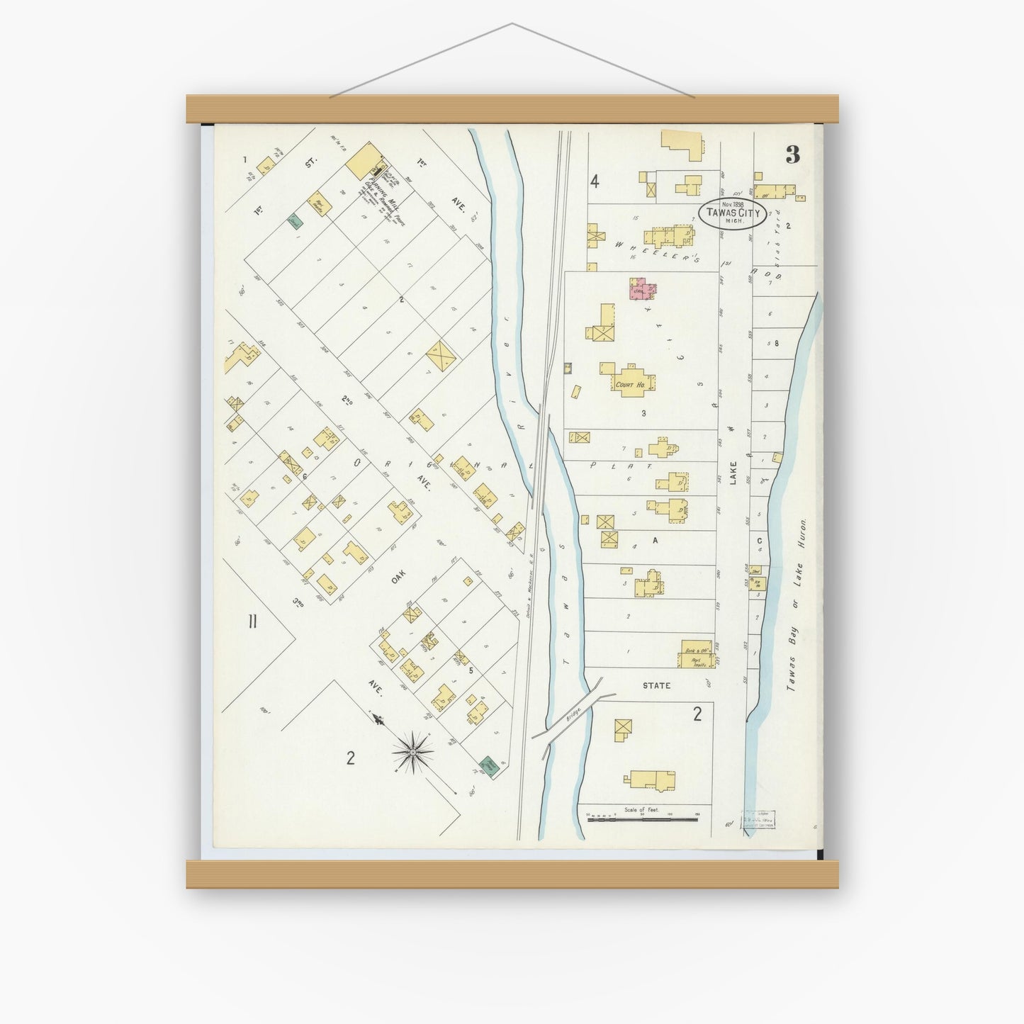 Old map wall art mockup — magnetic wood frame on white wall — Sanborn Fire Insurance Map from East Tawas, Iosco County, Michigan (1898), Sheet #0003