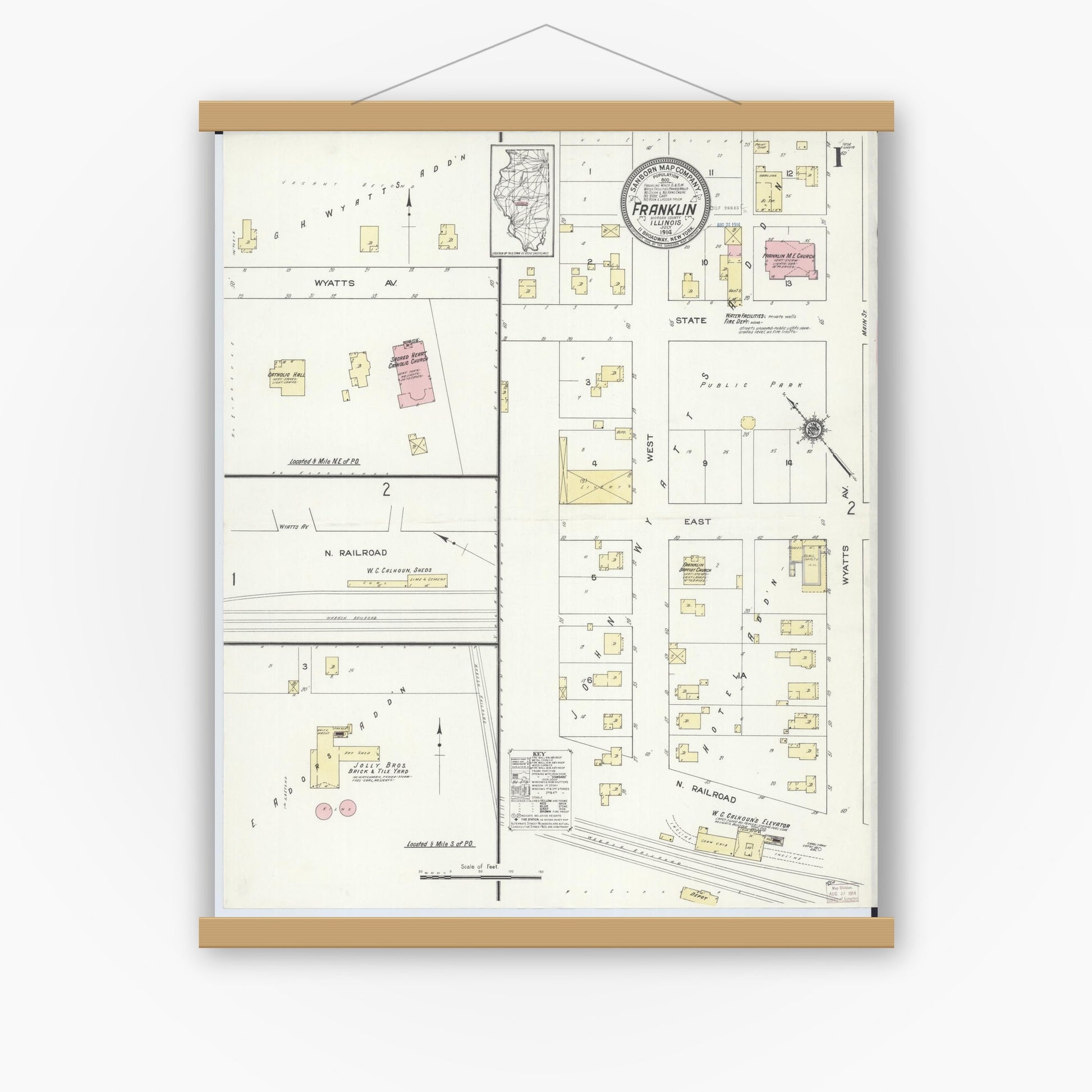 Old map wall art mockup — magnetic wood frame on white wall — Sanborn Fire Insurance Map from Franklin, Morgan County, Illinois (1914), Sheet #0001