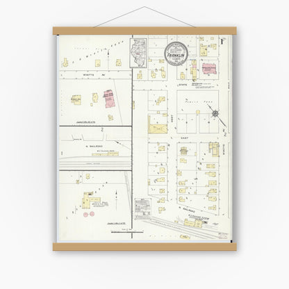 Old map wall art mockup — magnetic wood frame on white wall — Sanborn Fire Insurance Map from Franklin, Morgan County, Illinois (1914), Sheet #0001