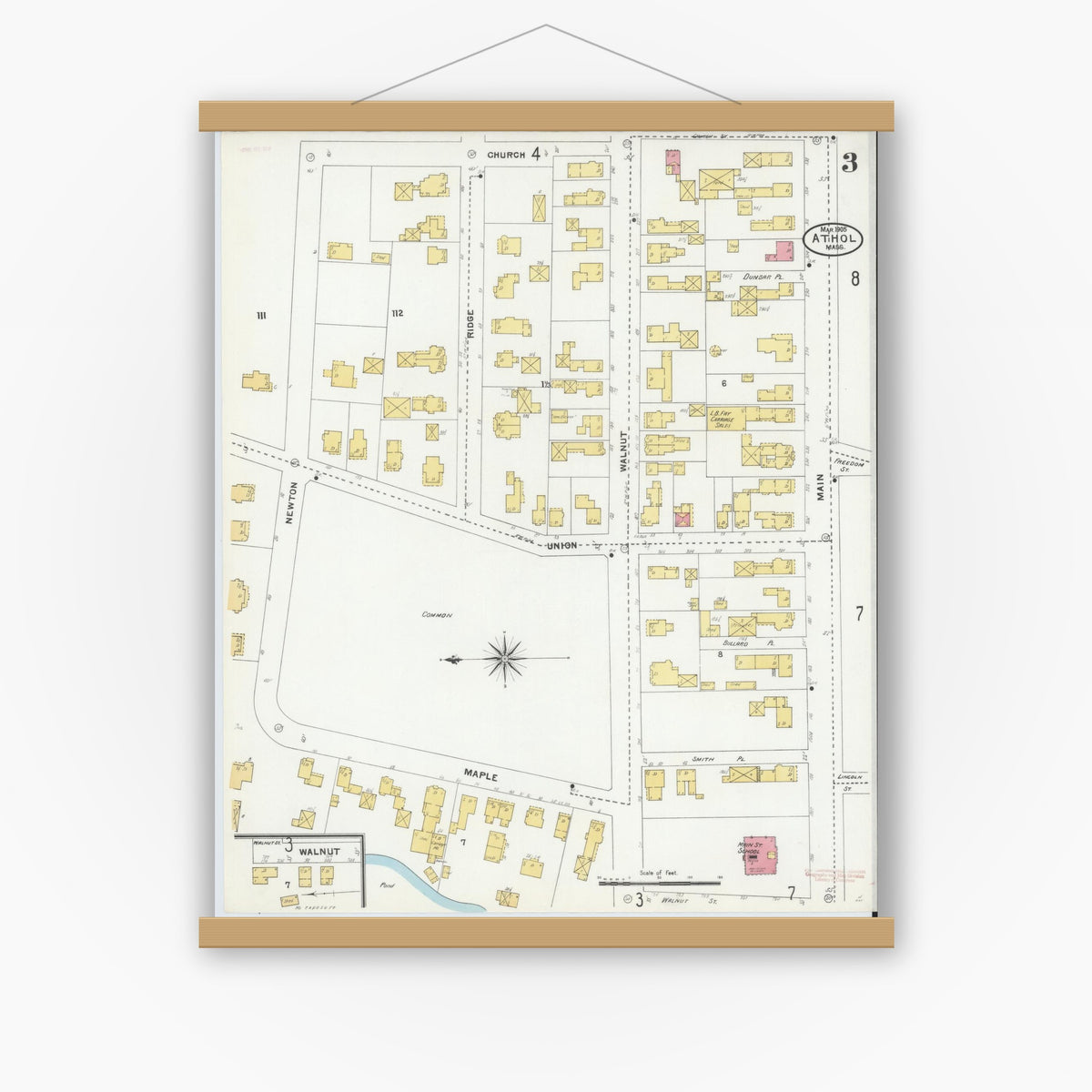 Old map wall art mockup — magnetic wood frame on white wall — Sanborn Fire Insurance Map from Athol, Worcester County, Massachusetts (1905), Sheet #0003