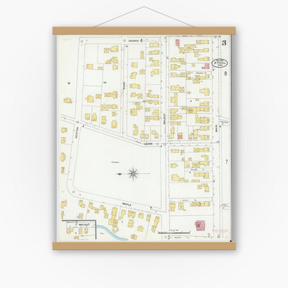 Old map wall art mockup — magnetic wood frame on white wall — Sanborn Fire Insurance Map from Athol, Worcester County, Massachusetts (1905), Sheet #0003