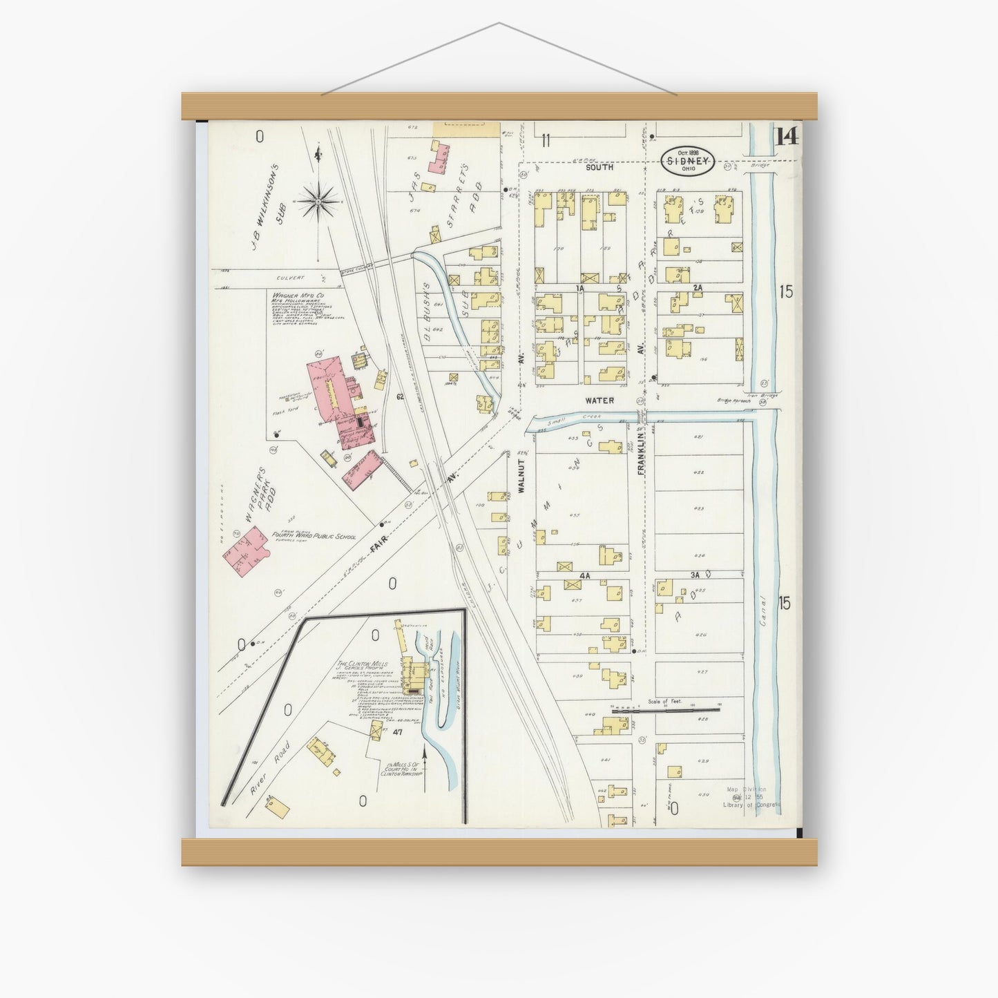 Old map wall art mockup — magnetic wood frame on white wall — Sanborn Fire Insurance Map from Sidney, Shelby County, Ohio (1898), Sheet #0014