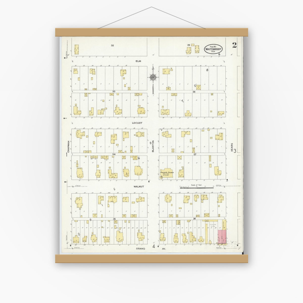 Old map wall art mockup — magnetic wood frame on white wall — Sanborn Fire Insurance Map from Whitewright, Grayson County, Texas (1911), Sheet #0002