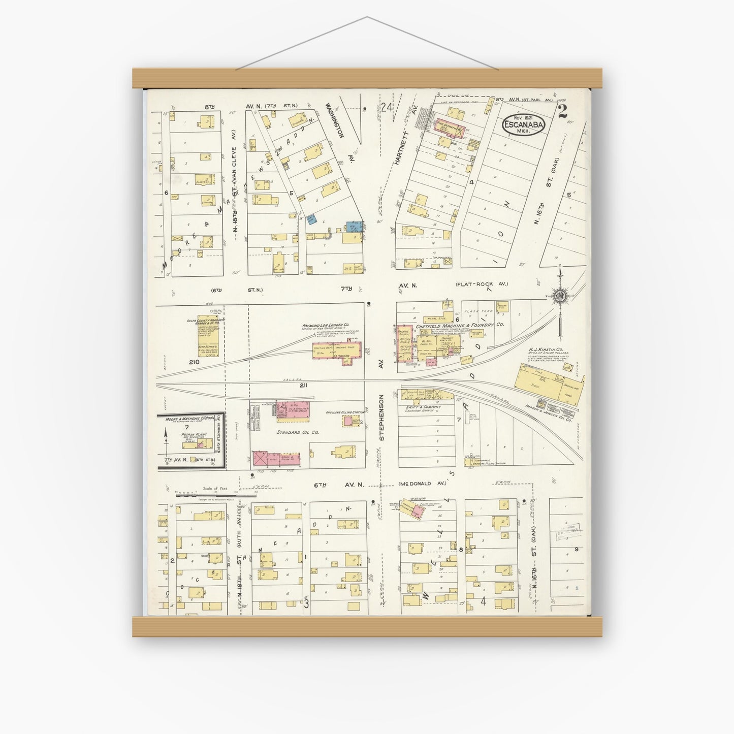 Old map wall art mockup — magnetic wood frame on white wall — Sanborn Fire Insurance Map from Escanaba, Delta County, Michigan (1921), Sheet #0002