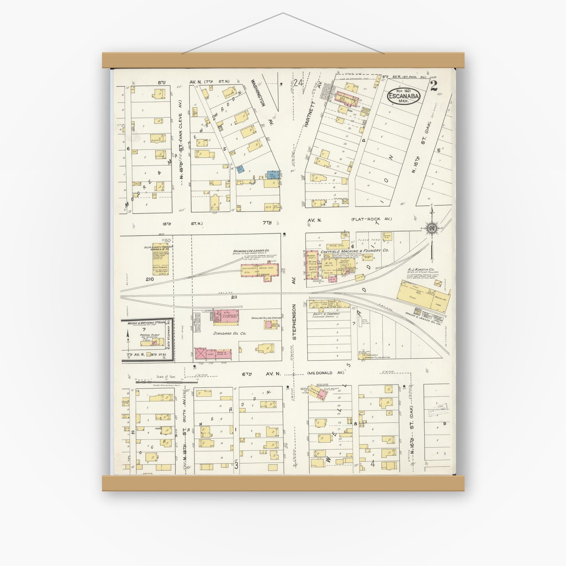 Old map wall art mockup — magnetic wood frame on white wall — Sanborn Fire Insurance Map from Escanaba, Delta County, Michigan (1921), Sheet #0002