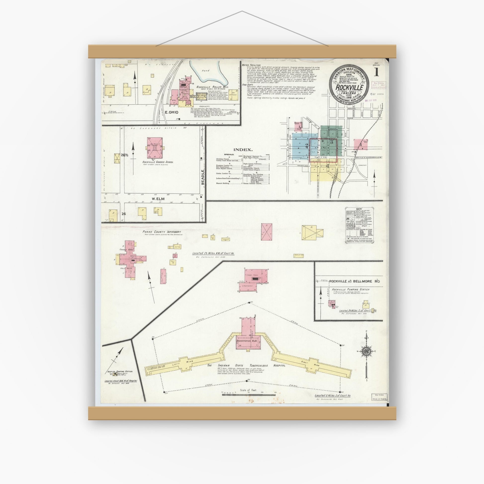 Old map wall art mockup — magnetic wood frame on white wall — Sanborn Fire Insurance Map from Rockville, Parke County, Indiana (1910), Sheet #0001