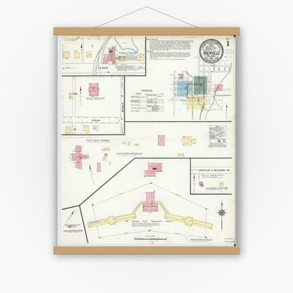 Old map wall art mockup — magnetic wood frame on white wall — Sanborn Fire Insurance Map from Rockville, Parke County, Indiana (1910), Sheet #0001