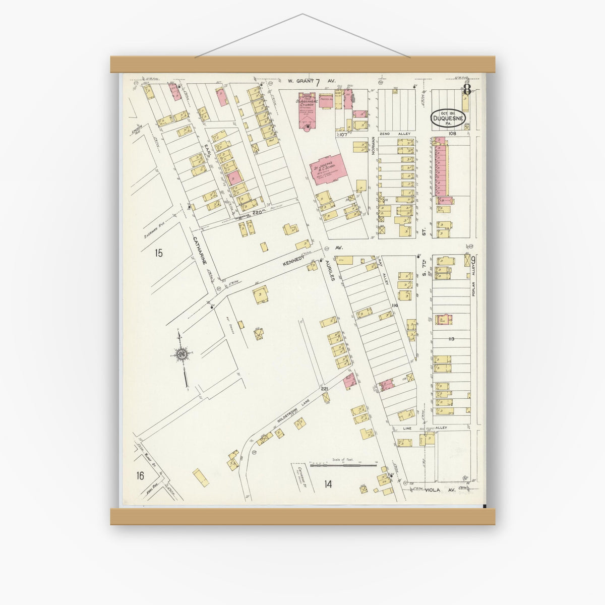 Old map wall art mockup — magnetic wood frame on white wall — Sanborn Fire Insurance Map from Duquesne, Allegheny County, Pennsylvania (1911), Sheet #0008