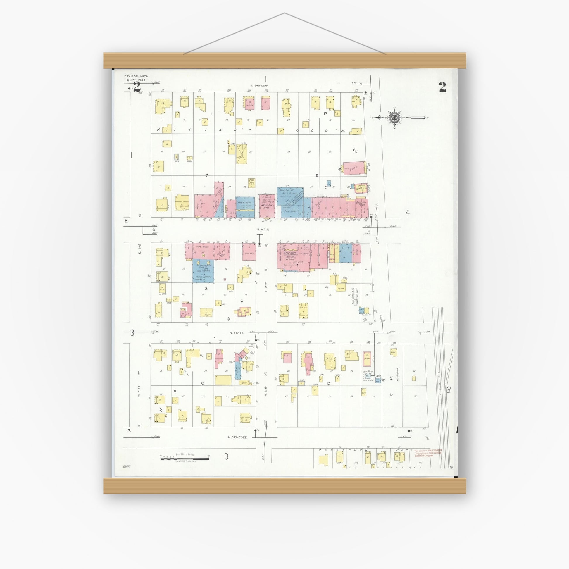 Old map wall art mockup — magnetic wood frame on white wall — Sanborn Fire Insurance Map from Davison, Genesee County, Michigan (1939), Sheet #0002