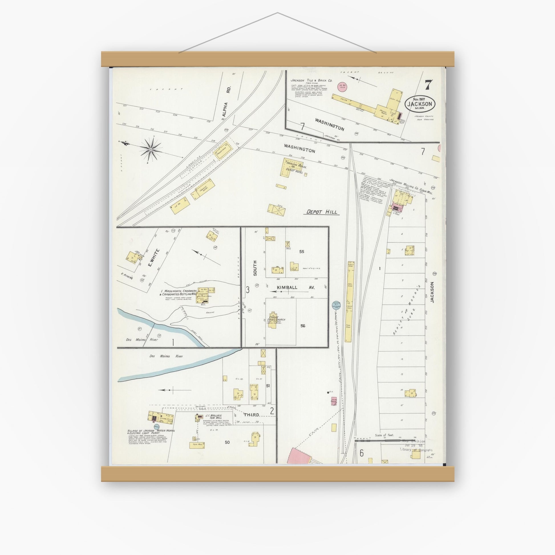 Old map wall art mockup — magnetic wood frame on white wall — Sanborn Fire Insurance Map from Jackson, Jackson County, Minnesota (1907), Sheet #0007
