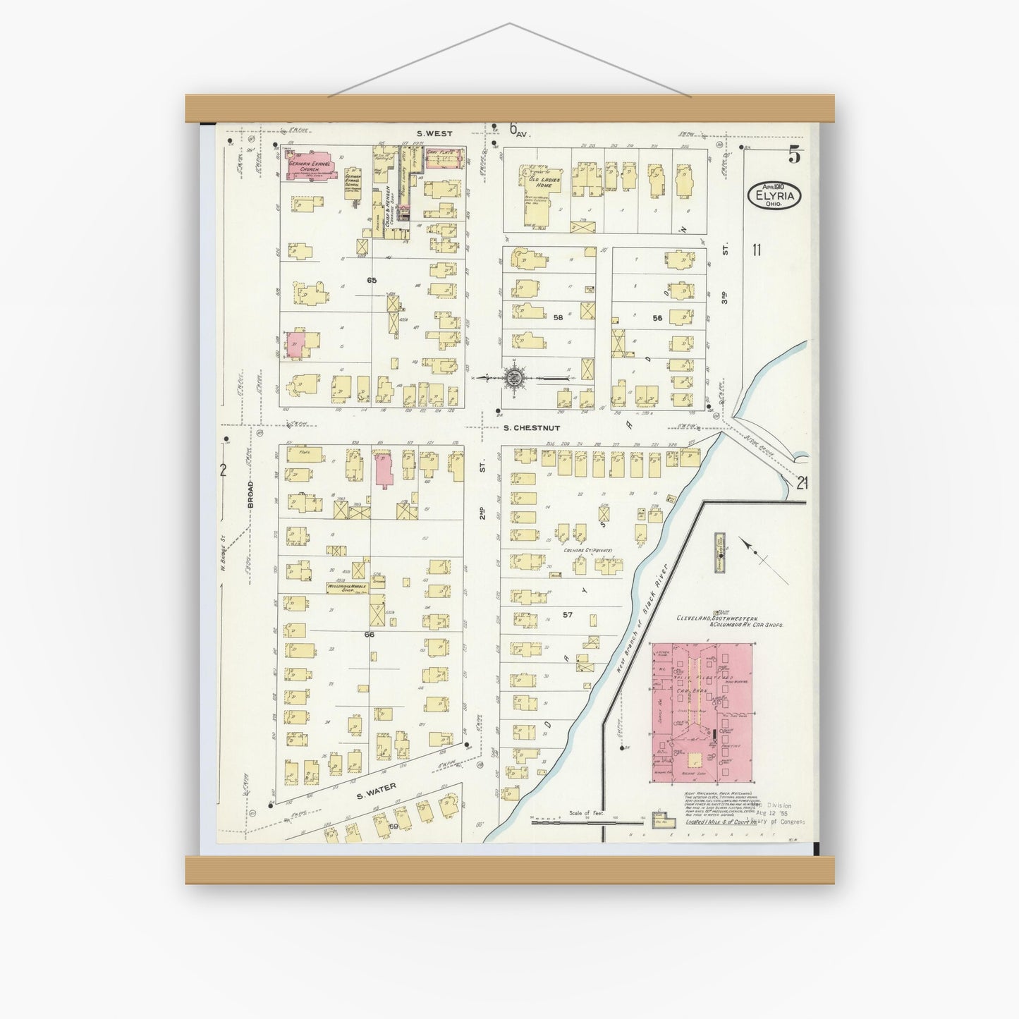 Old map wall art mockup — magnetic wood frame on white wall — Sanborn Fire Insurance Map from Elyria, Lorain County, Ohio (1910), Sheet #0005