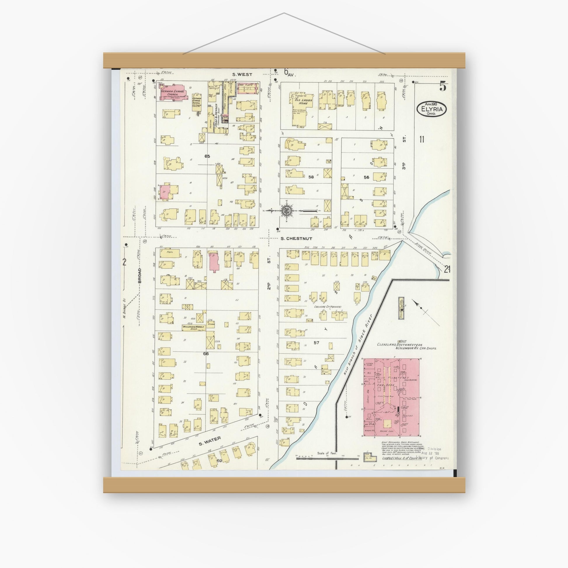 Old map wall art mockup — magnetic wood frame on white wall — Sanborn Fire Insurance Map from Elyria, Lorain County, Ohio (1910), Sheet #0005