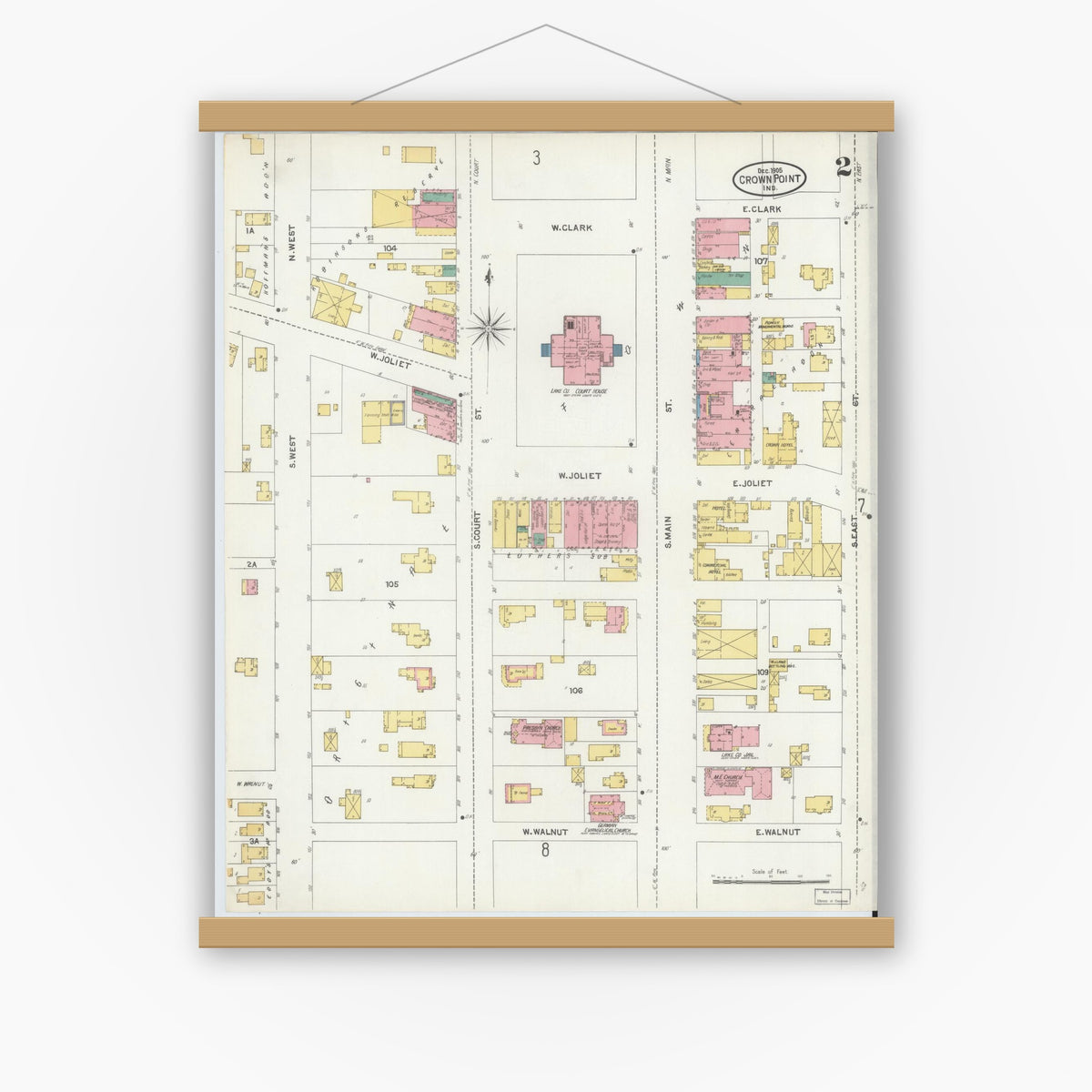 Old map wall art mockup — magnetic wood frame on white wall — Sanborn Fire Insurance Map from Crown Point, Lake County, Indiana (1905), Sheet #0002