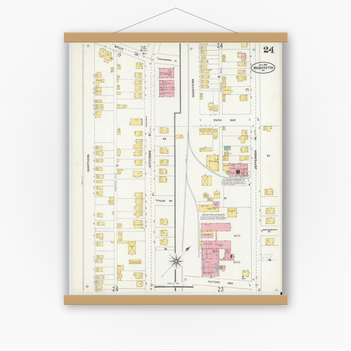 Old map wall art mockup — magnetic wood frame on white wall — Sanborn Fire Insurance Map from Washington, Washington County, Pennsylvania (1904), Sheet #0024