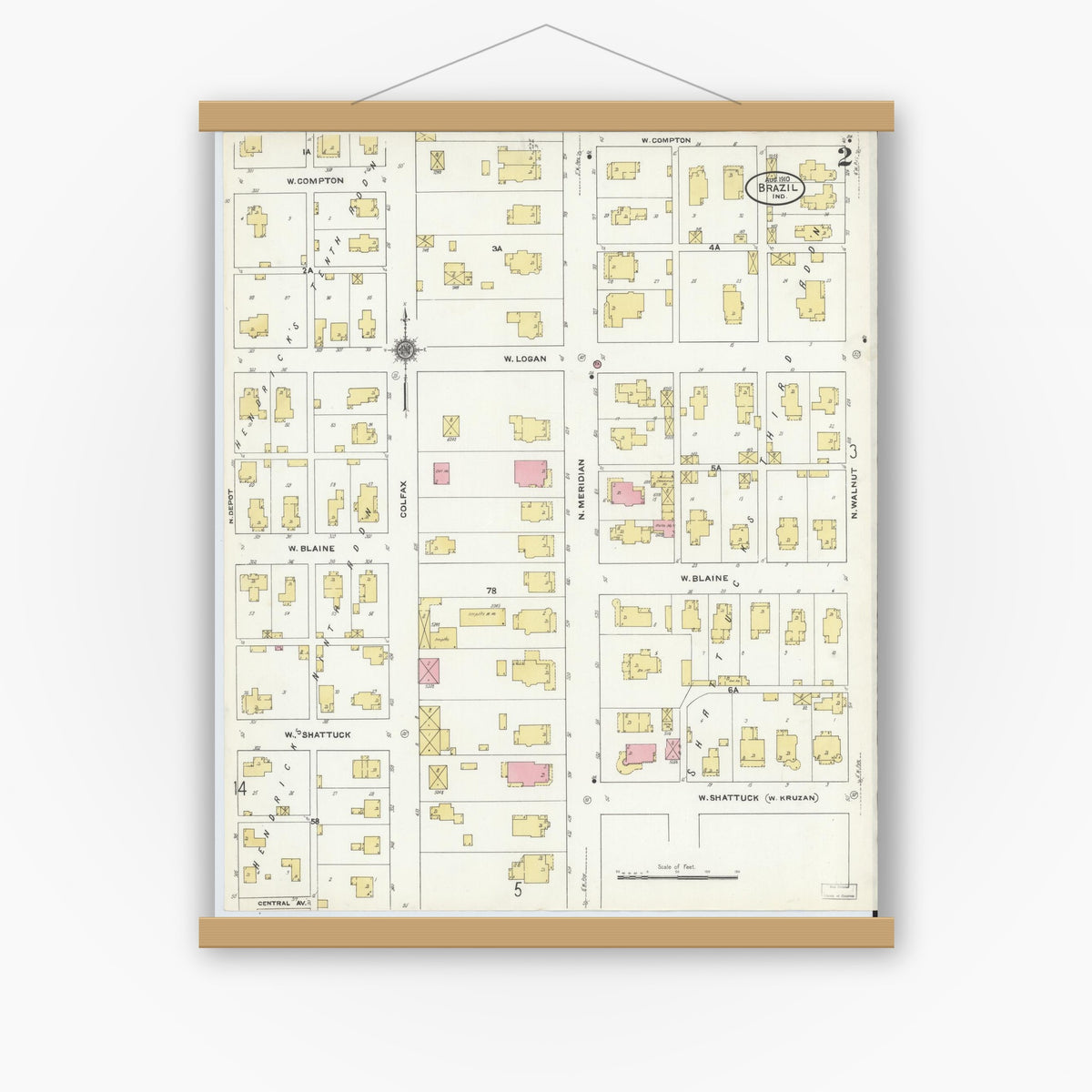 Old map wall art mockup — magnetic wood frame on white wall — Sanborn Fire Insurance Map from Brazil, Clay County, Indiana (1910), Sheet #0002